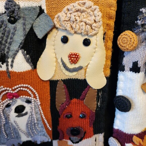VINTAGE MICHAEL SIMON DOG EMBELLISHED CARDIGAN SWEATER, MULTI-COLOR, SIZE SMALL - Picture 5 of 15